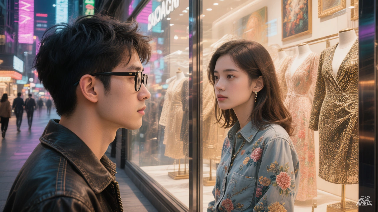 玻璃橱窗两侧的目光交汇